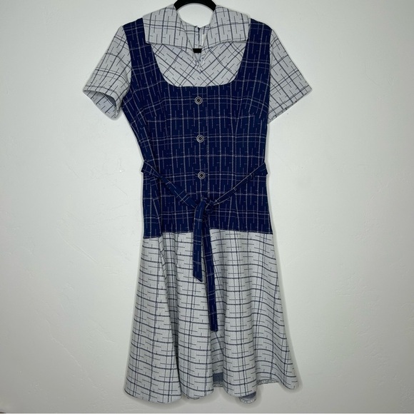 Vintage Dresses & Skirts - Vintage 1960s Navy and Off White Plaid Midi Dress Drop Waist Tie Belt Size 8